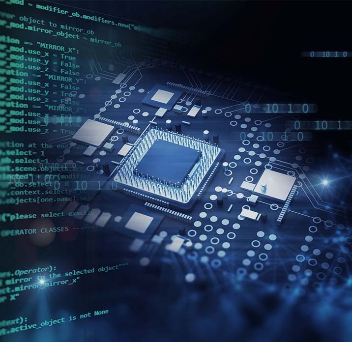 Computer chip on a circuit board with some computer code showing in front.