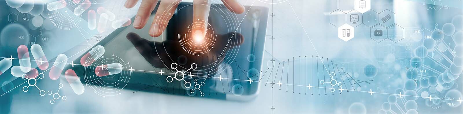 Fingers scrolling on a tablet device, with a background of pills, chemical formulas and charts.